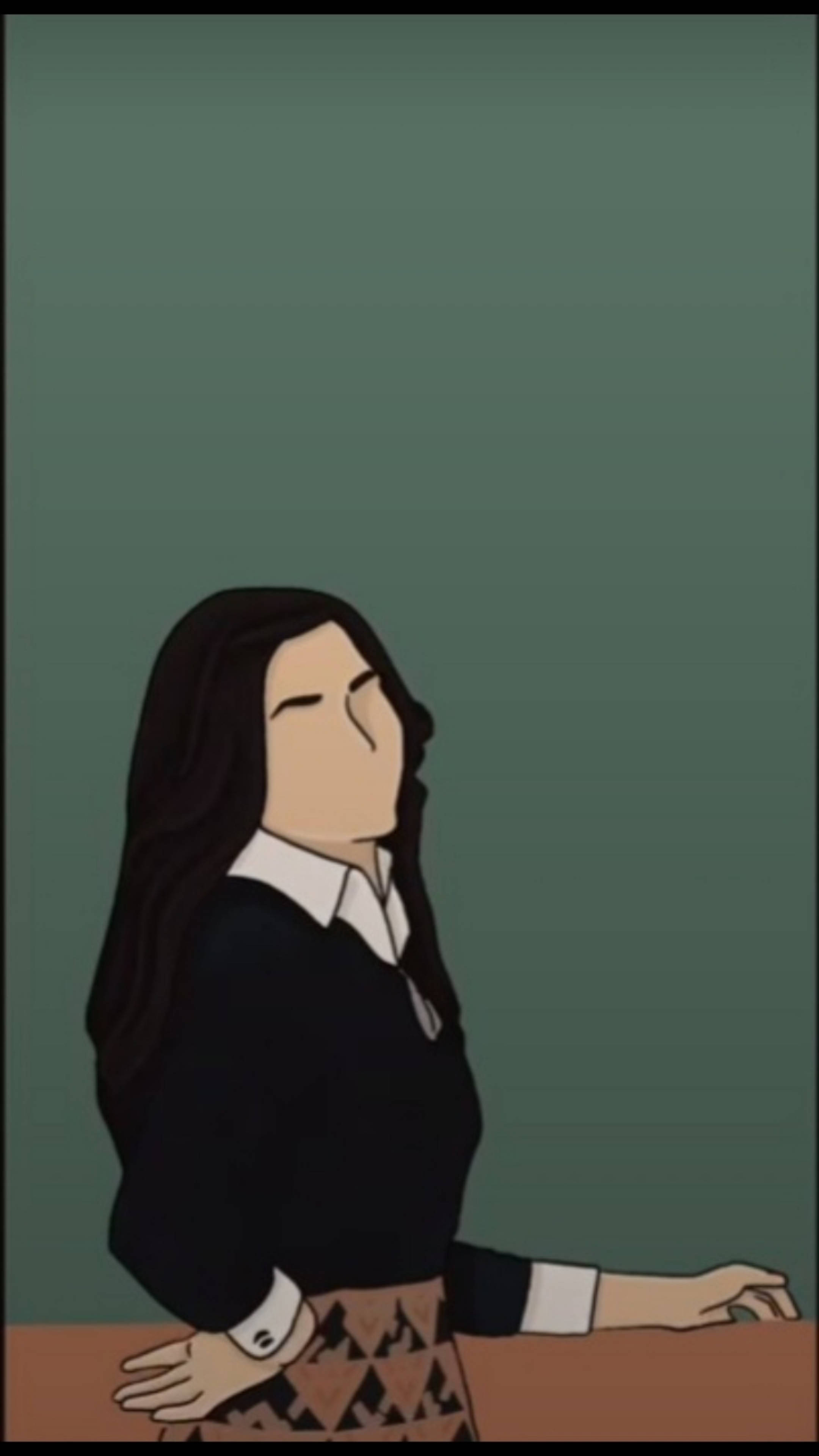 Agatha 桌布 壁紙 — 一個風格化的動漫女孩，長長的黑髮，靠在一張椅子上，背景是柔和的綠色牆壁，穿著黑色毛衣和圖案裙子。