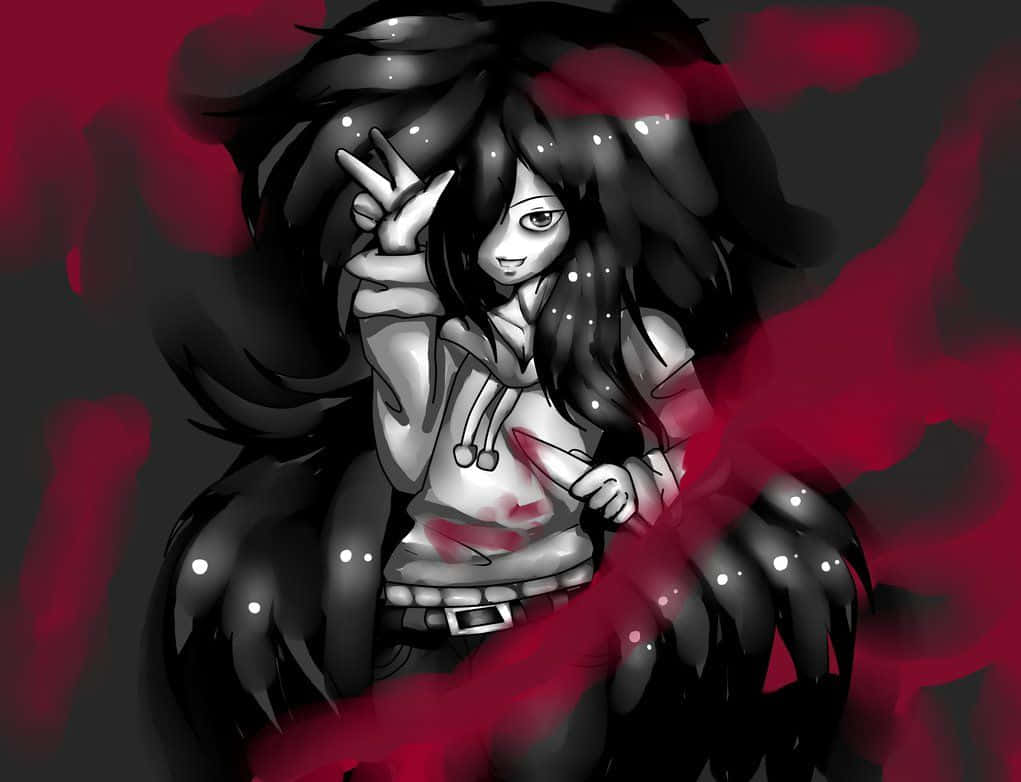 Jeff The Killer 桌布 壁紙 — 一個風格化的動漫女孩，長長的黑髮和紅色飛濺，在深紅色和黑色背景上做出和平手勢。