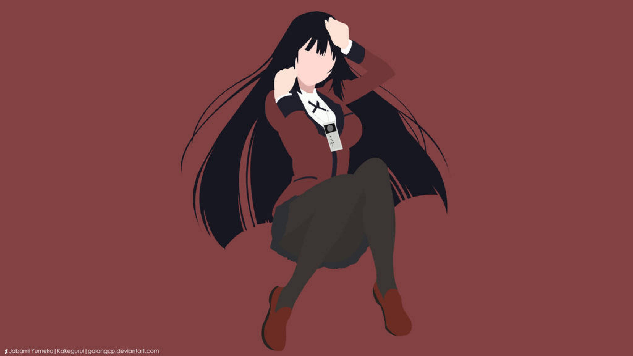 Kakegurui 桌布 壁紙 — 一個風格化的動漫女孩，長長的黑髮，盤腿坐在純栗色背景前，穿著帶有名牌的校服。