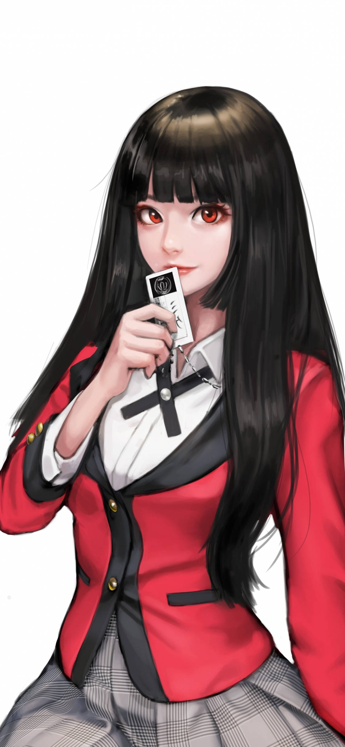 動漫女孩 桌布 壁紙 — 一個風格化的動漫女孩，長長的黑髮和紅色的眼睛，拿著一張卡片靠近嘴唇，穿著紅黑相間的校服。