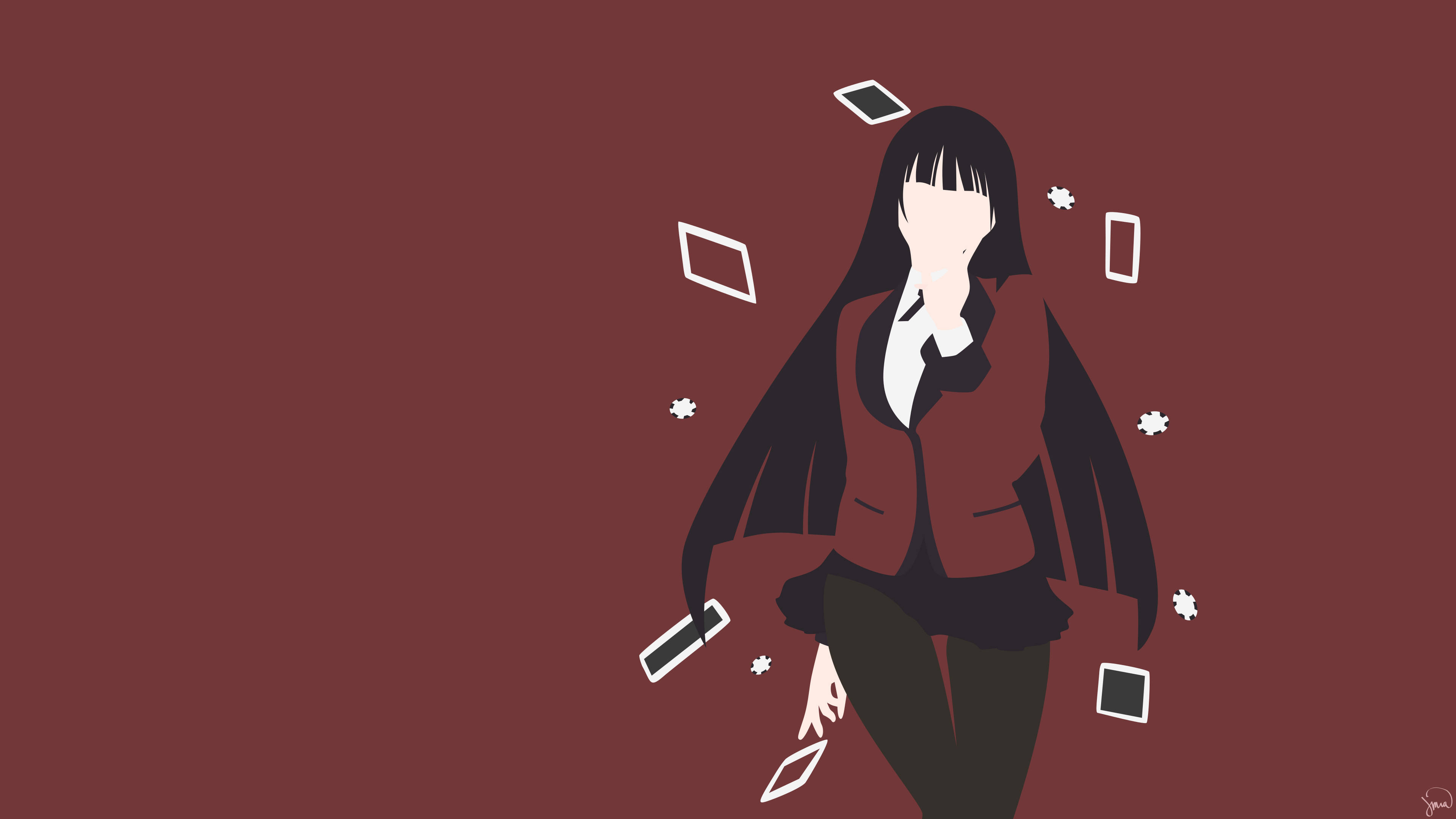Kakegurui 桌布 壁紙 — 一個風格化的動漫女孩，長長的黑髮和紅色外套，站在深栗色背景前，周圍環繞著漂浮的手機螢幕和白色花朵。