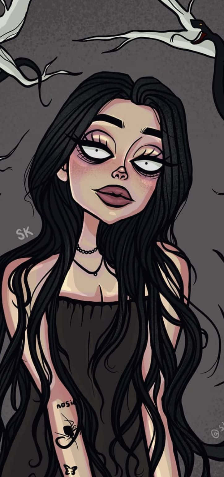 Grunge Cartoon 桌布 壁紙 — 一個風格化的動漫女孩，長長的黑髮和刺青，在旋轉的黑暗樹枝中向上凝視。