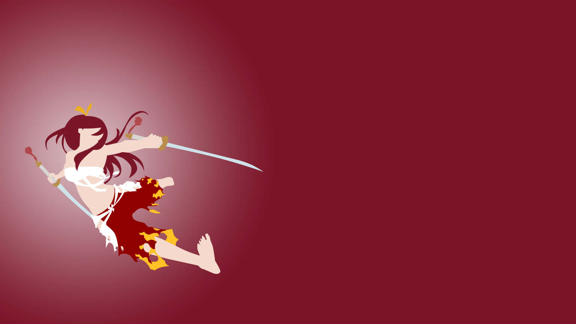 erza scarlet 桌布 壁紙 — 一個風格化的動漫女孩，長長的黑髮，在漸變栗色背景上揮舞兩把劍跳躍。