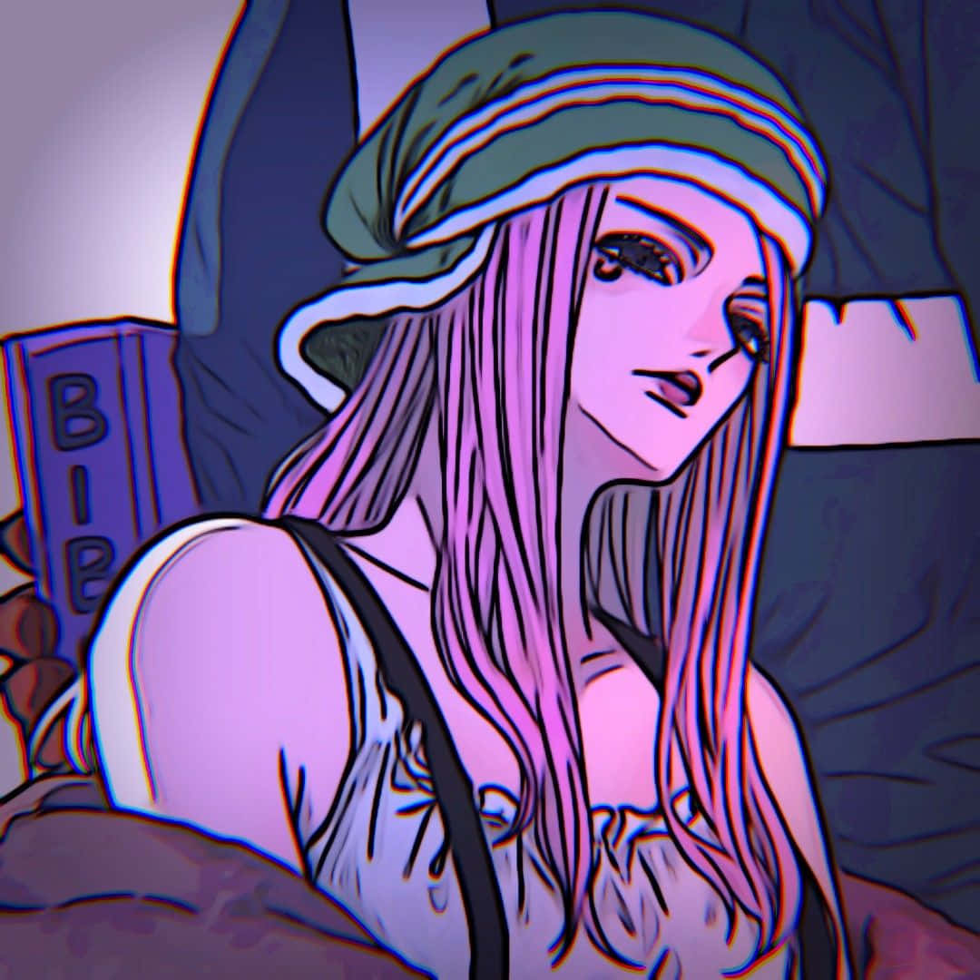 Jewelry Bonney 桌布 壁紙 — 一個風格化的動漫女孩，長長粉紅色頭髮和綠色頭巾，坐在昏暗的房間裡拿著一本書。