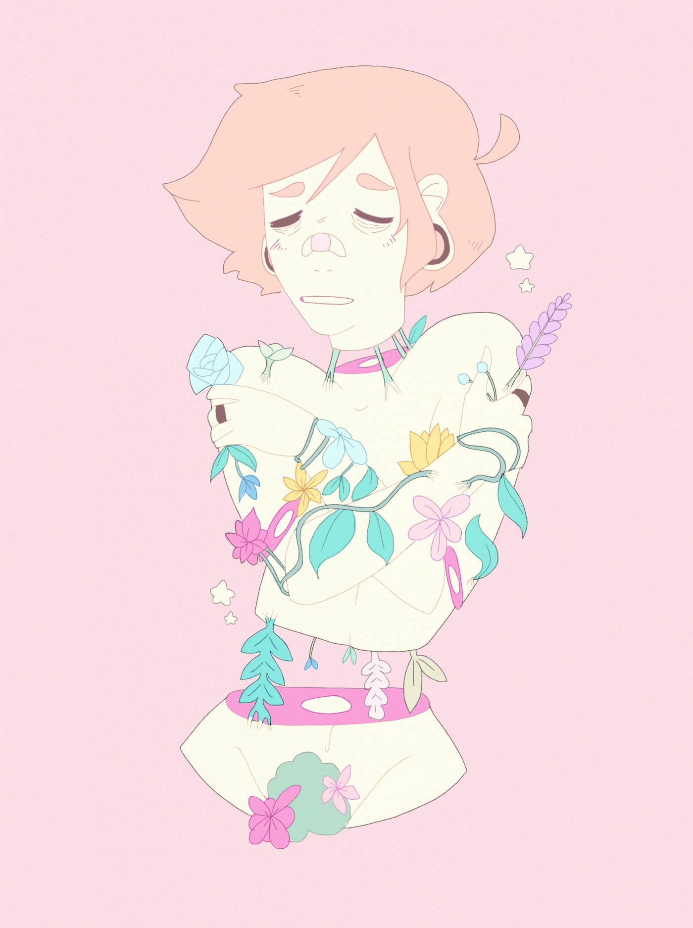 Pastel Gore 桌布 壁紙 — 一個風格化的動漫女孩，閉著眼睛，身體上長出花卉藤蔓，背景是柔和的粉紅色。