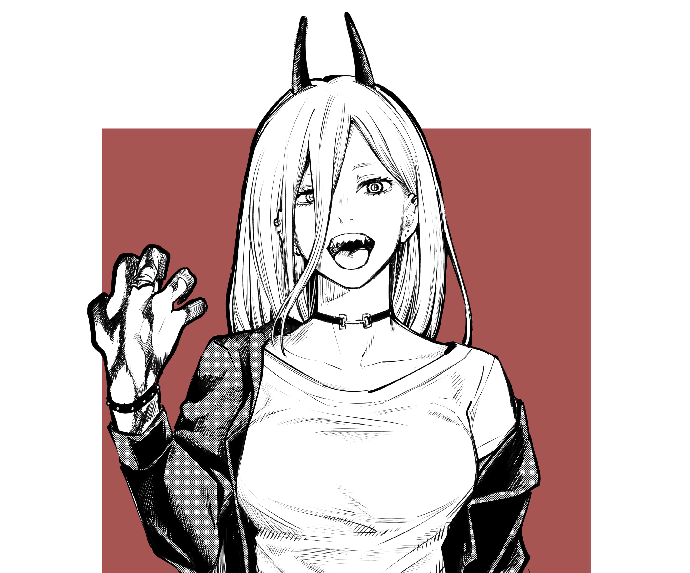 Anime White 桌布 壁紙 — 一個風格化的動漫女孩，頭上有惡魔角，戴著頸鏈，在純紅色背景上露出兇狠的笑容揮手。