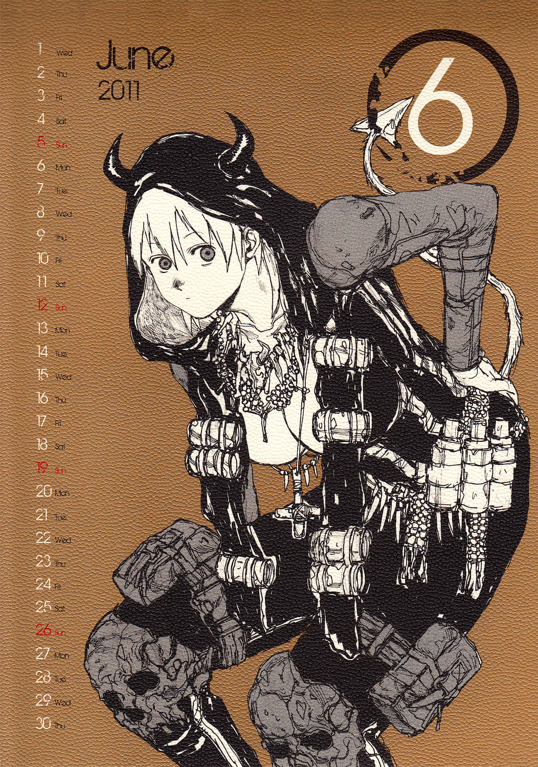 dorohedoro 桌布 壁紙 — 一個風格化的動漫女孩，頭上有角，身穿機械裝甲，蹲在一個標有2011年6月的棕色皮革紋理日曆背景前。