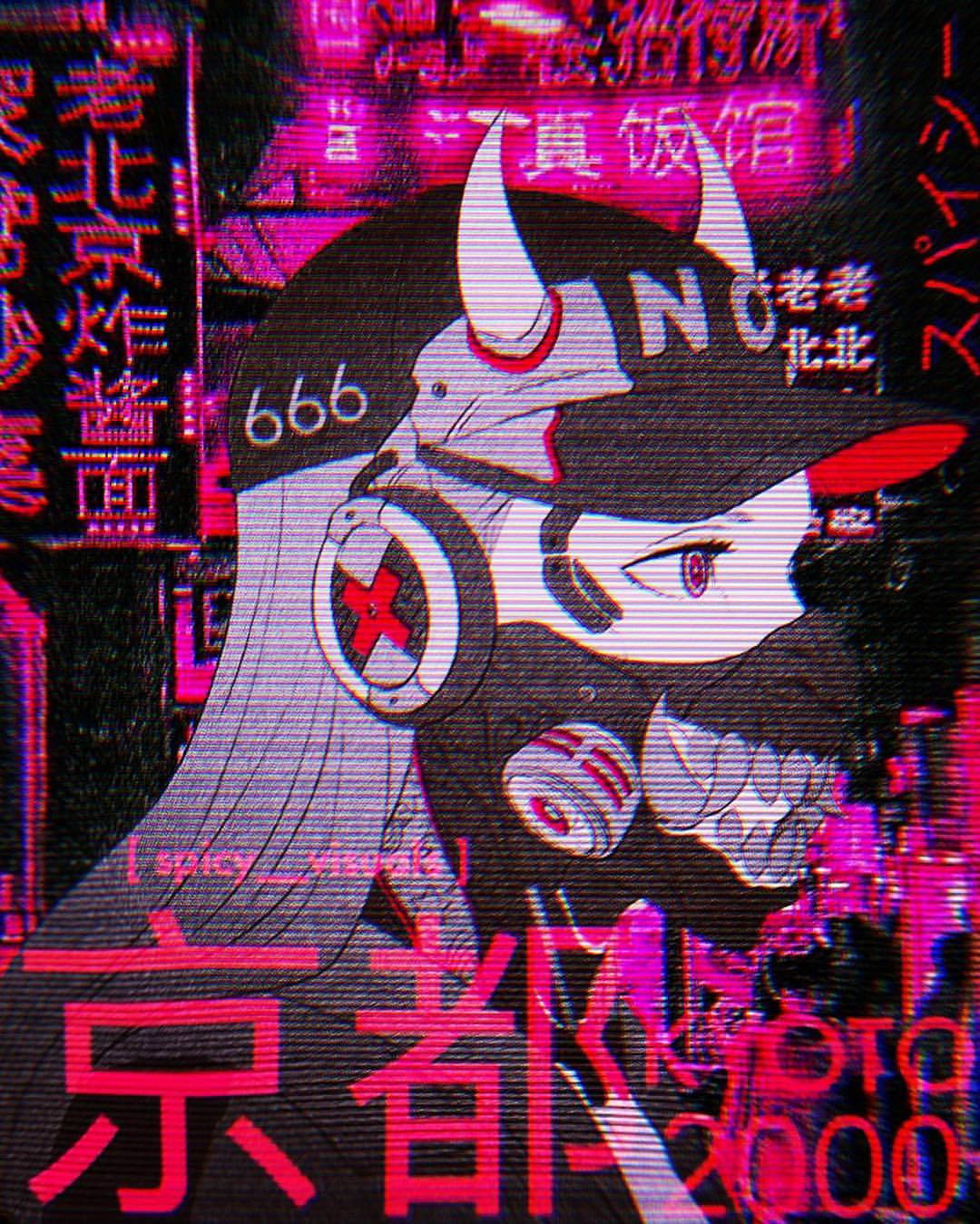 桌布 壁紙 — 一個風格化的動漫女孩，頭上有角和耳機，站在充滿霓虹燈的賽博龐克城市景觀中，到處都是日文字和故障效果。