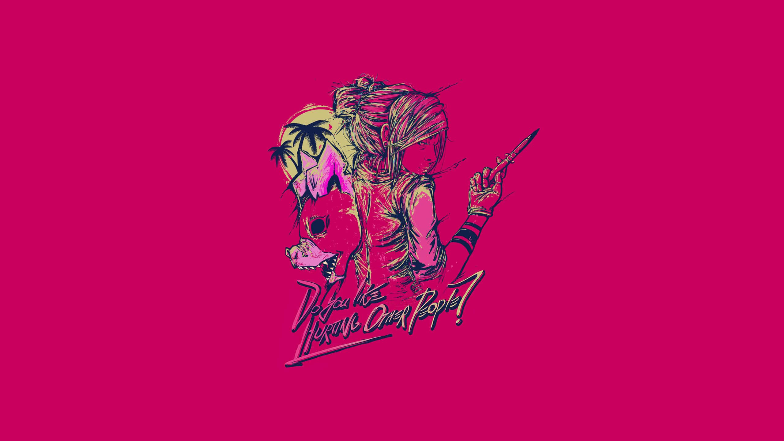 Hotline Miami 桌布 壁紙 — 一個風格化的動漫女孩，頭骨頭和棕櫚樹頭髮，在充滿活力的粉紅色背景上拿著刀，背景有塗鴉文字。