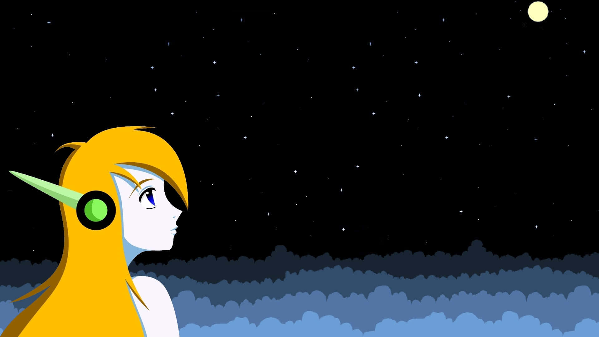 Indie Gaming 桌布 壁紙 — 一個風格化的動漫女孩，黃色頭髮和綠色角，仰望星空，有發光的月亮。