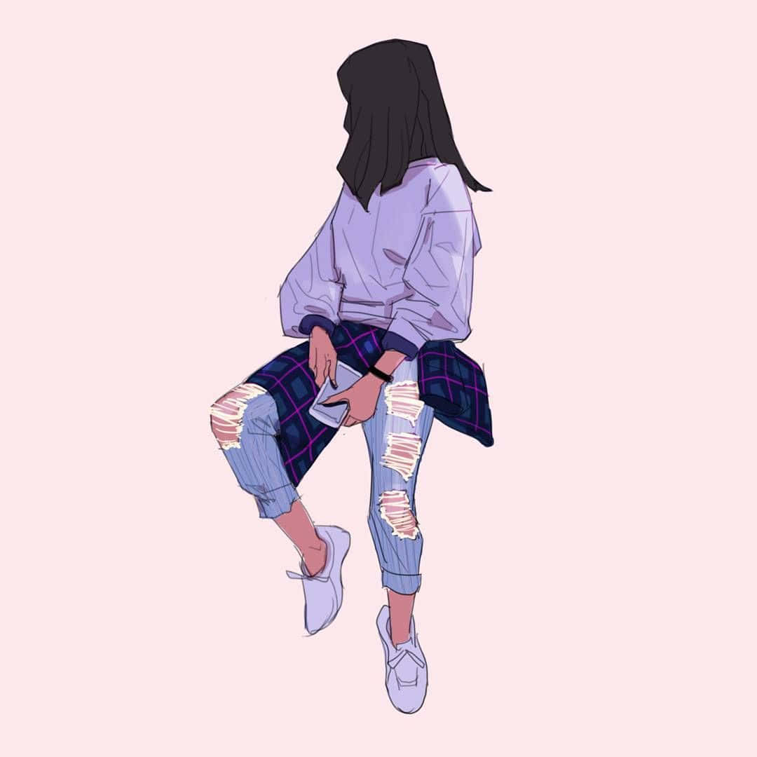 Aesthetic Drawings 桌布 壁紙 — 一個風格化的動漫女孩，黑色頭髮，穿著破洞牛仔褲和紫色襯衫，盤腿坐在柔和的粉紅色背景前。