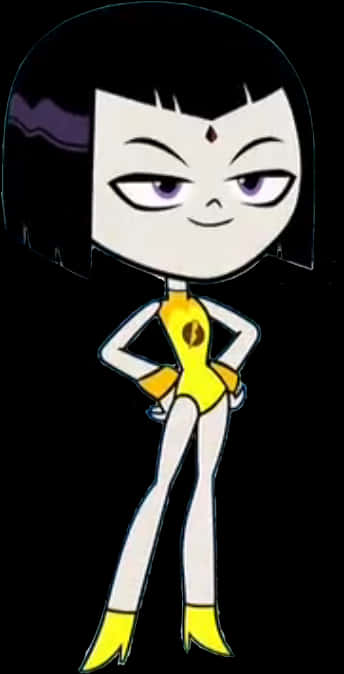Teen Titans Go Raven 桌布 壁紙 — 一個風格化的動漫女孩，黑色鮑伯頭和紫色眼睛，穿著黃色服裝自信地站在黑色背景前。