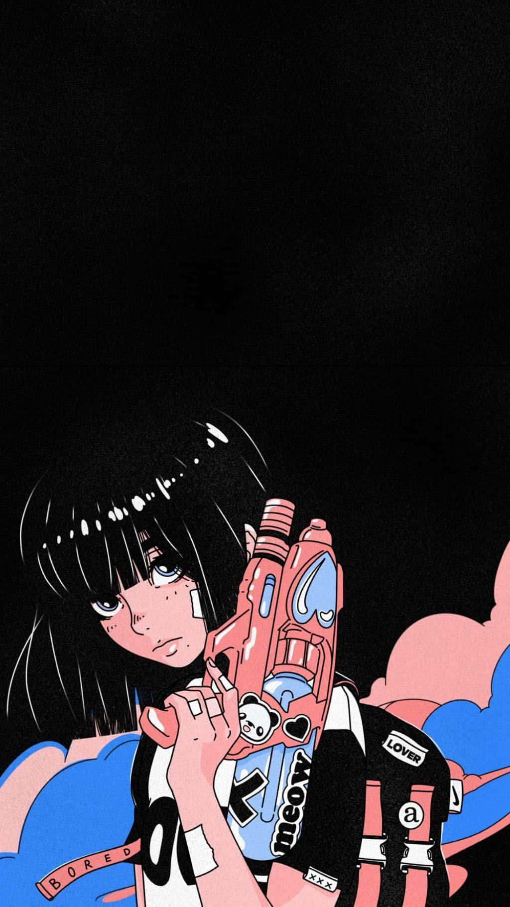 動漫女孩 桌布 壁紙 — 一個風格化的動漫女孩，黑髮，在黑暗背景前拿著粉紅色水槍，背景有彩色雲朵。