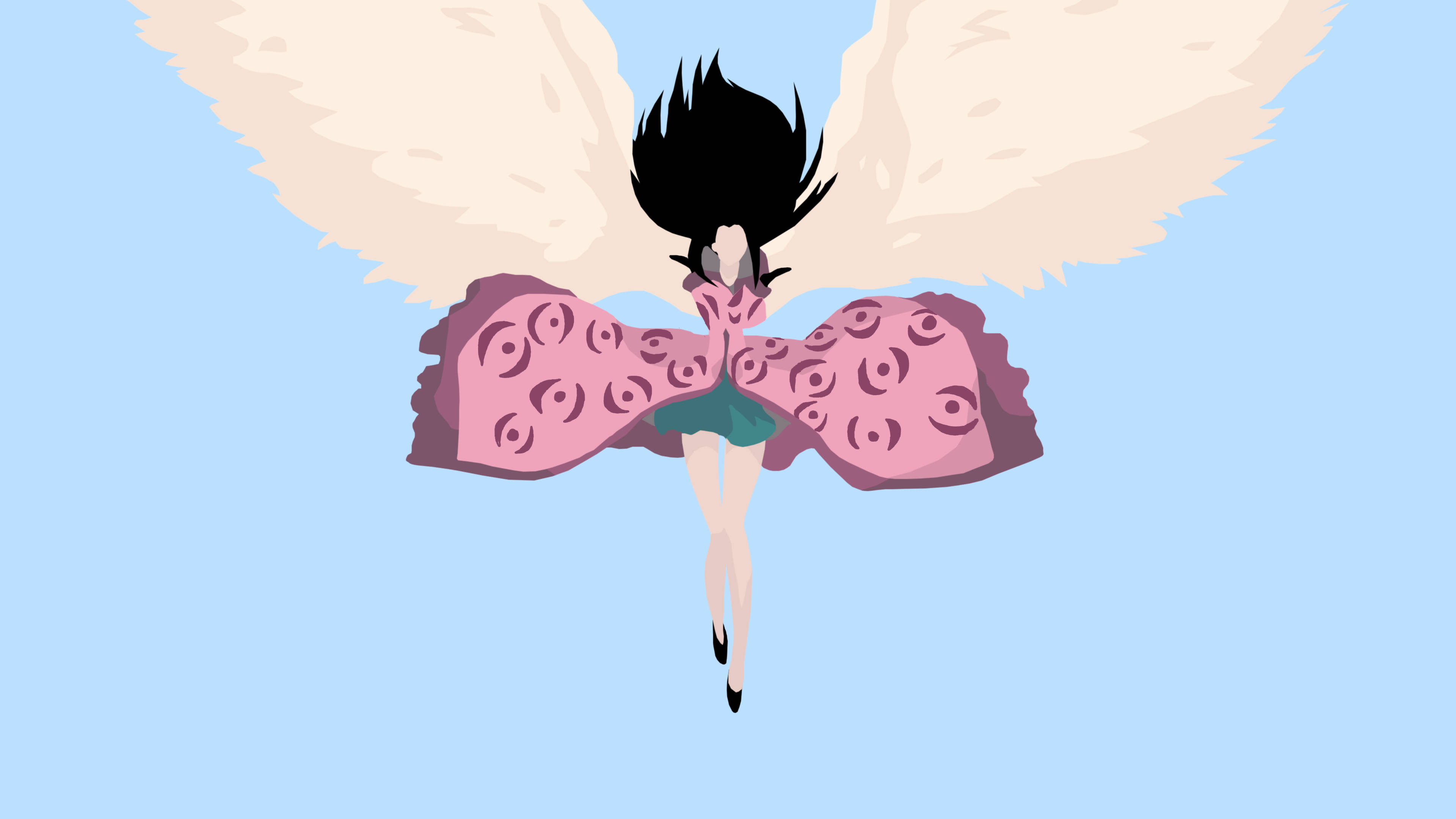 one piece art 桌布 壁紙 — 一個風格化的動漫女孩，黑髮，大大的奶油色翅膀，穿著粉紅色圖案連衣裙，在柔和的藍天中向上飄浮。