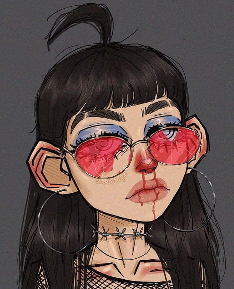 Grunge Cartoon 桌布 壁紙 — 一個風格化的動漫女孩，黑髮，戴著紅色裂紋太陽眼鏡，鼻子和嘴巴有血滴下。