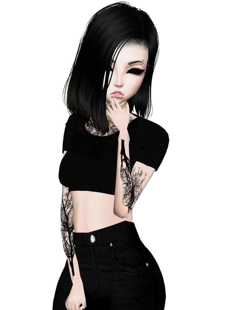 imvu 桌布 壁紙 — 一個風格化的動漫女孩，黑髮和刺青，穿著黑色露臍上衣和牛仔褲，在純白色背景前擺姿勢。