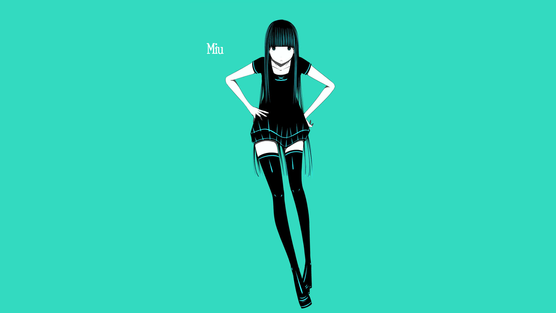 Cyan Aesthetic 桌布 壁紙 — 一個風格化的動漫女孩，黑髮和黑色服裝，自信地站在純青色背景前。