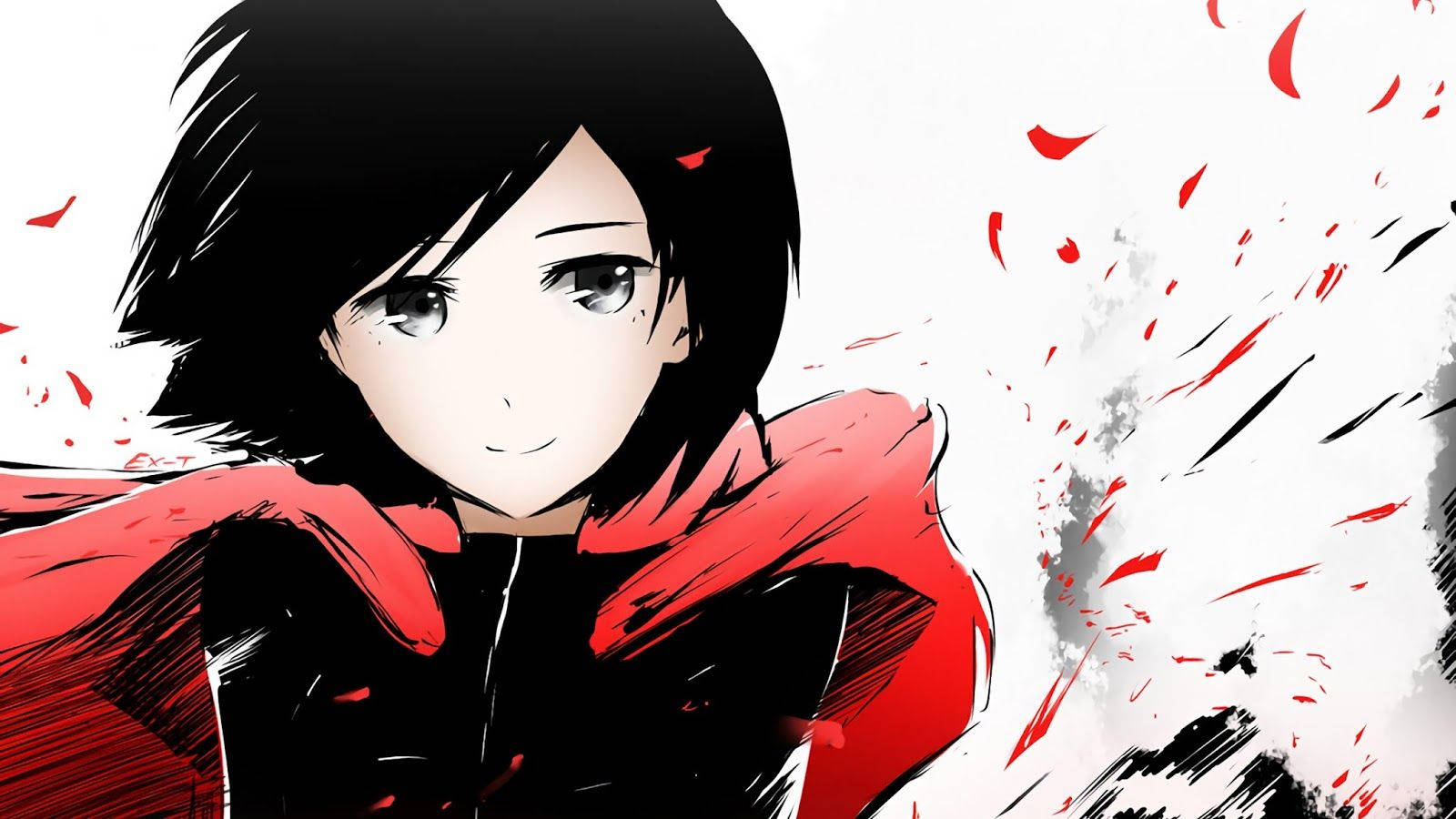 Rwby 桌布 壁紙 — 一個風格化的動漫女孩，黑髮紅外套，在動態白色背景上微笑，帶有紅色潑濺。