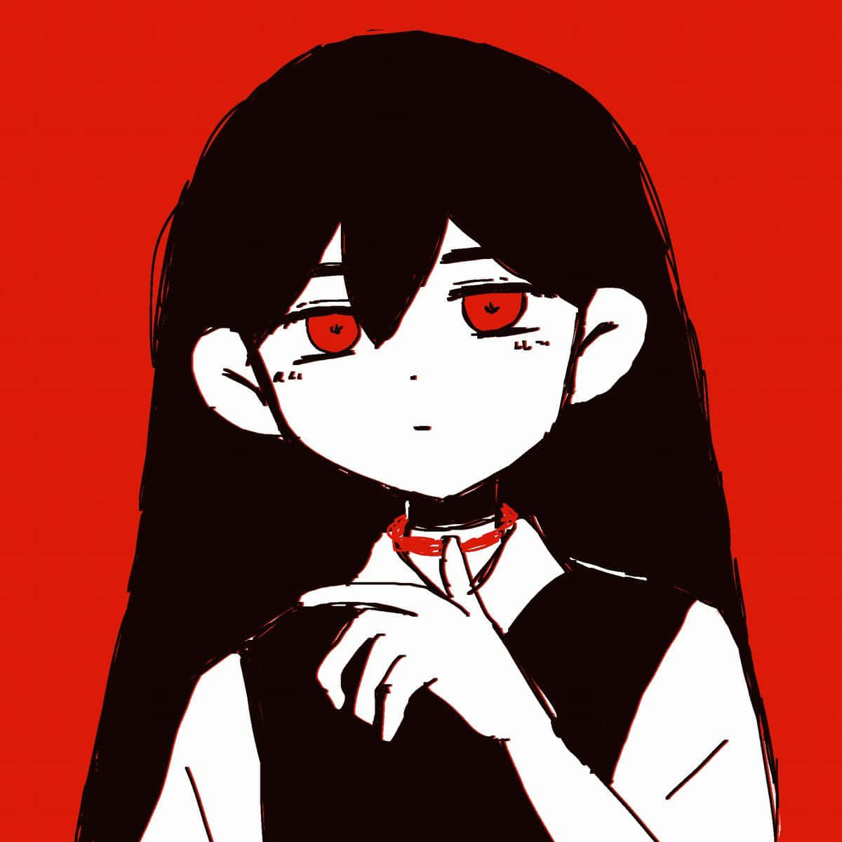紅眼黑髮的動漫女孩，背景為紅色。 — Omori GIF 壁紙