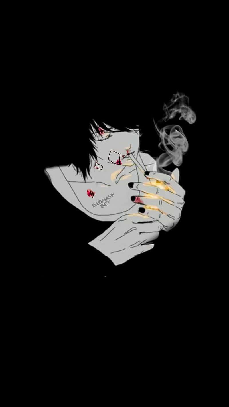 憂鬱男孩 桌布 壁紙 — 一個風格化的動漫女孩，黑髮紅眼，在黑色背景上抽煙，煙霧向上繚繞。