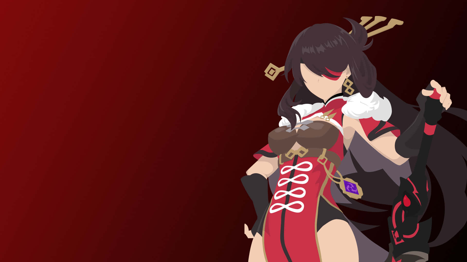 Genshin Impact Beidou 桌布 壁紙 — 一個風格化的動漫女孩，黑髮紅眼，穿著紅黑相間的服裝，背景是深紅色漸層。