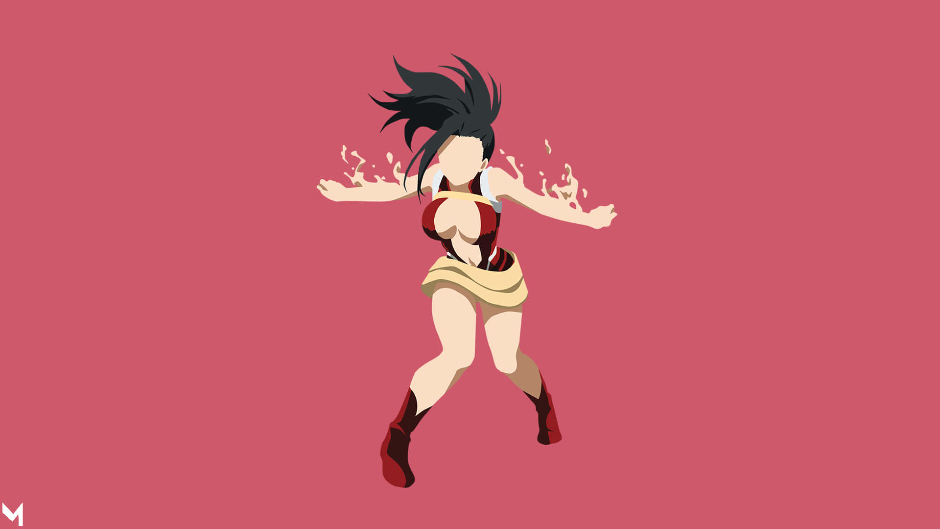 Momo Yaoyorozu 桌布 壁紙 — 一個風格化的動漫女孩，黑髮紅衣，在純粉紅色背景上動態跳躍，帶有火焰效果。