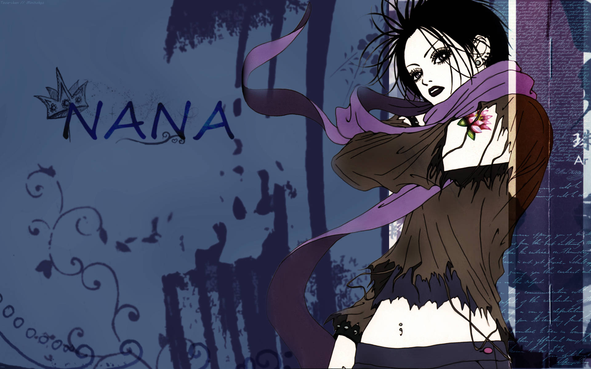 nana 桌布 壁紙 — 一個風格化的動漫女孩，黑髮紫圍巾，站在深藍色紋理背景前，上面有NANA字樣。