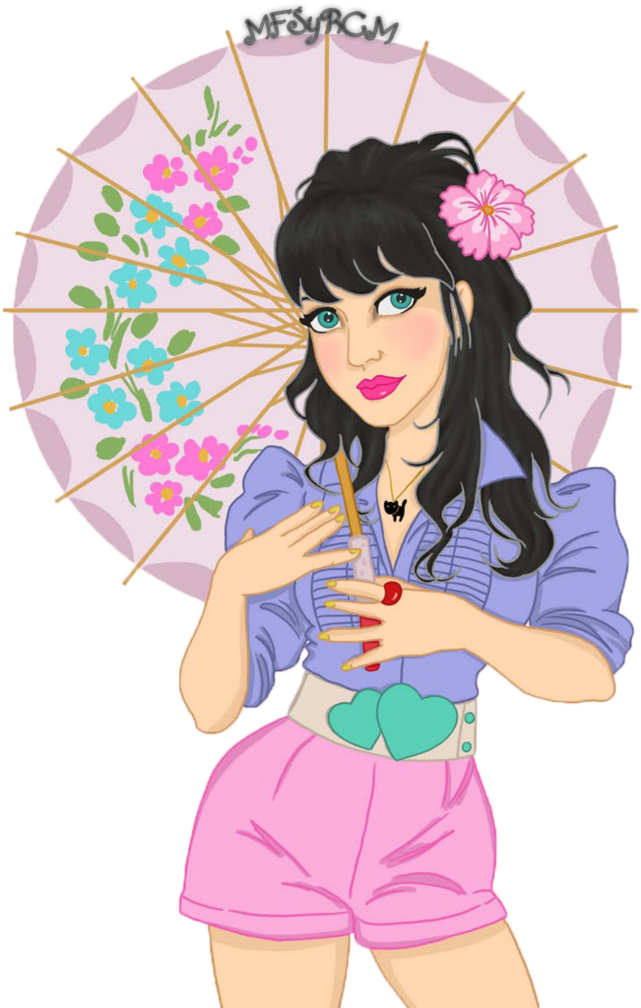 凱蒂佩芮 桌布 壁紙 — 一個風格化的動漫女孩，黑髮綠眼，手持花卉陽傘，身穿紫色襯衫和粉紅色短褲。