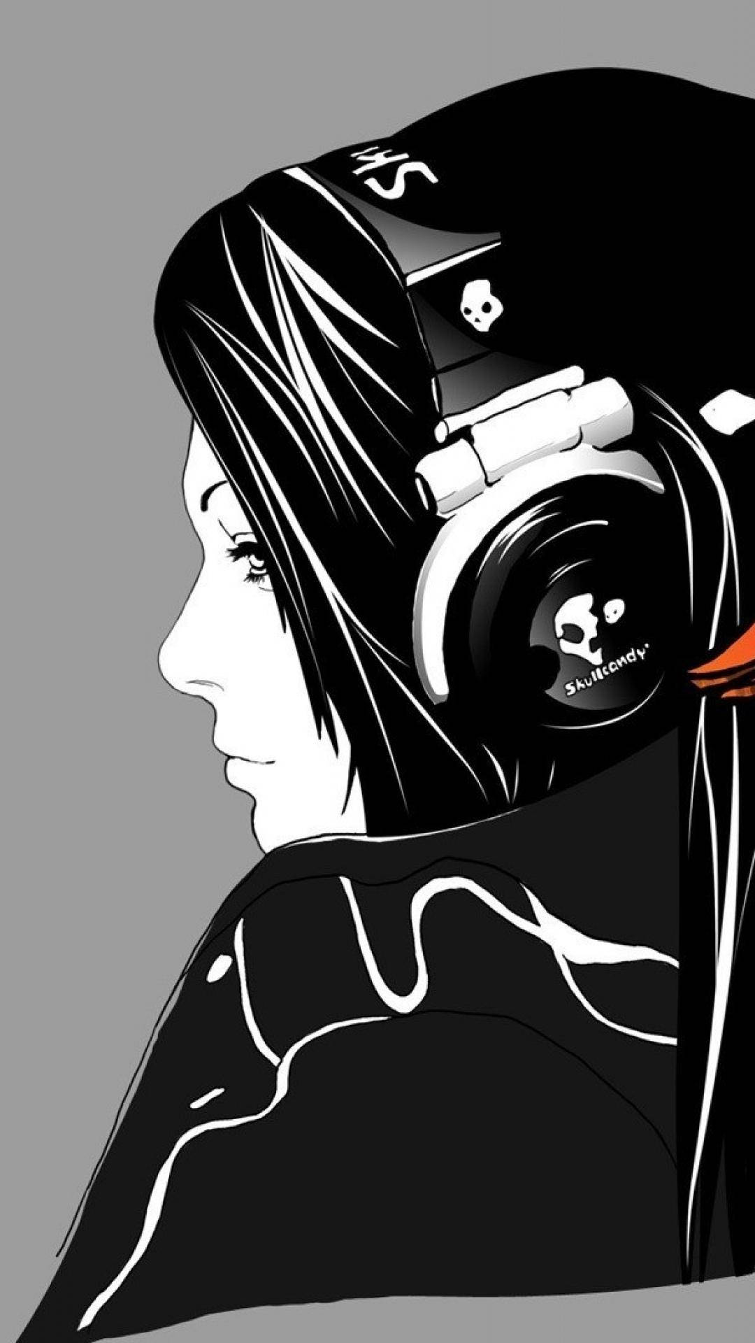 少女風 桌布 壁紙 — 一個風格化的動漫女孩側面，戴著Skullcandy耳機，背景為純灰色。
