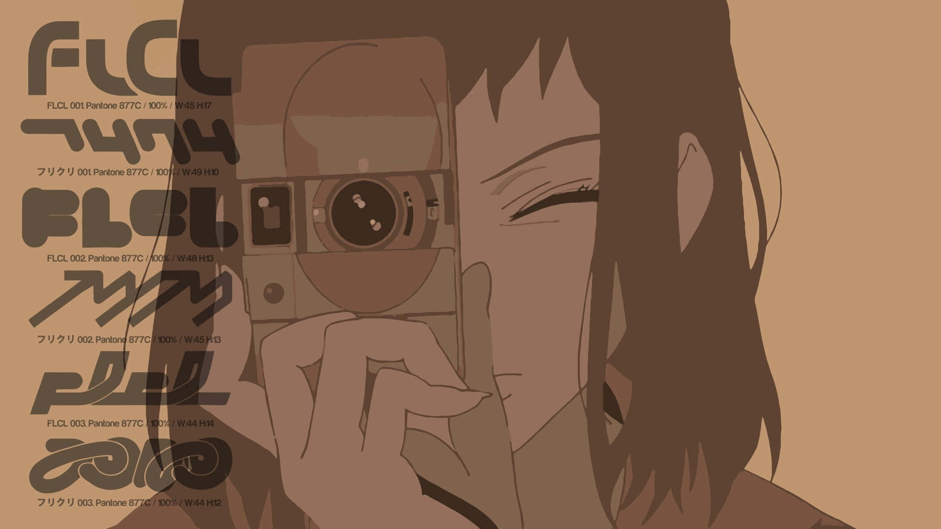 Mamimi Samejima 桌布 壁紙 — 一個風格化的動漫女孩單眼，手持復古相機，背景為單色棕色，帶有重複的FLCL標誌。