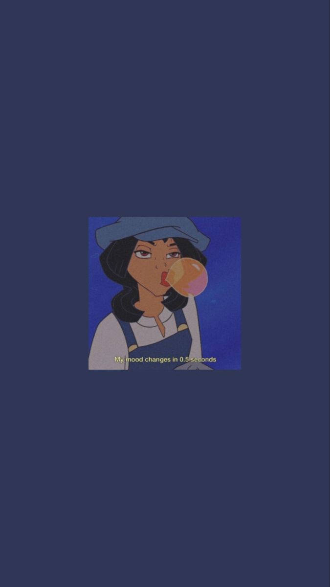 美學 桌布 壁紙 — 一個風格化的動漫女孩在深藍色背景上吹泡泡糖，並帶有文字疊加。