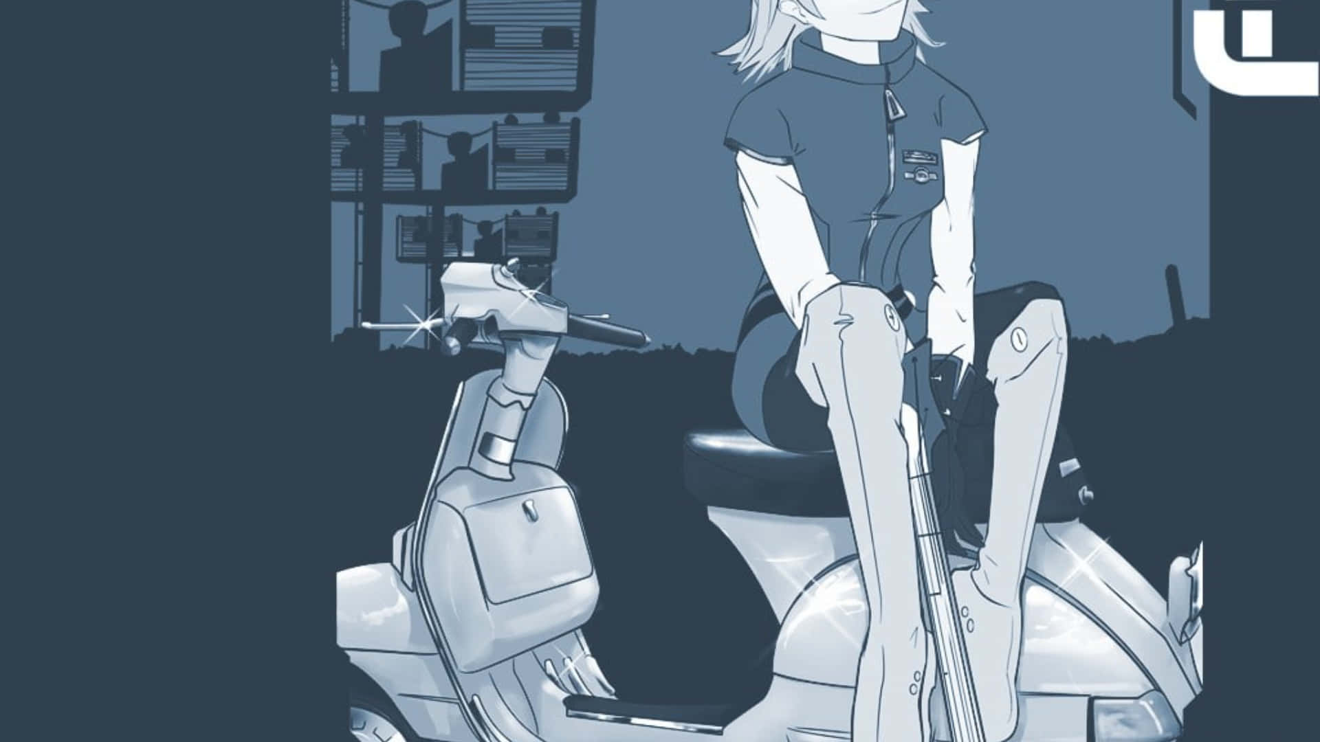 Haruko Haruhara 桌布 壁紙 — 一個風格化的動漫女孩坐在滑板車上，背景是黑暗的城市，帶有發光的高光。