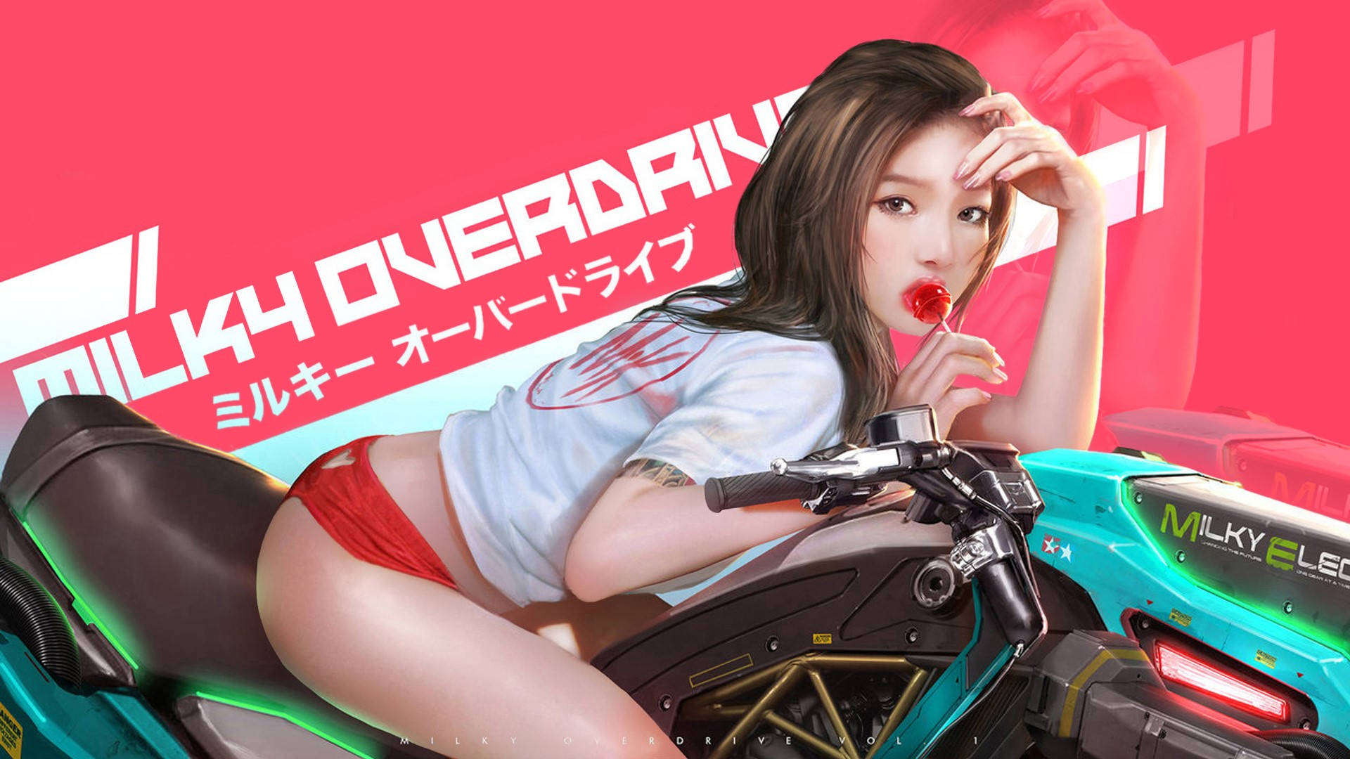 sexy woman 桌布 壁紙 — 一個風格化的動漫女孩性感地靠在一輛青綠色的摩托車上，背景是充滿活力的粉紅色，並帶有粗體文字。