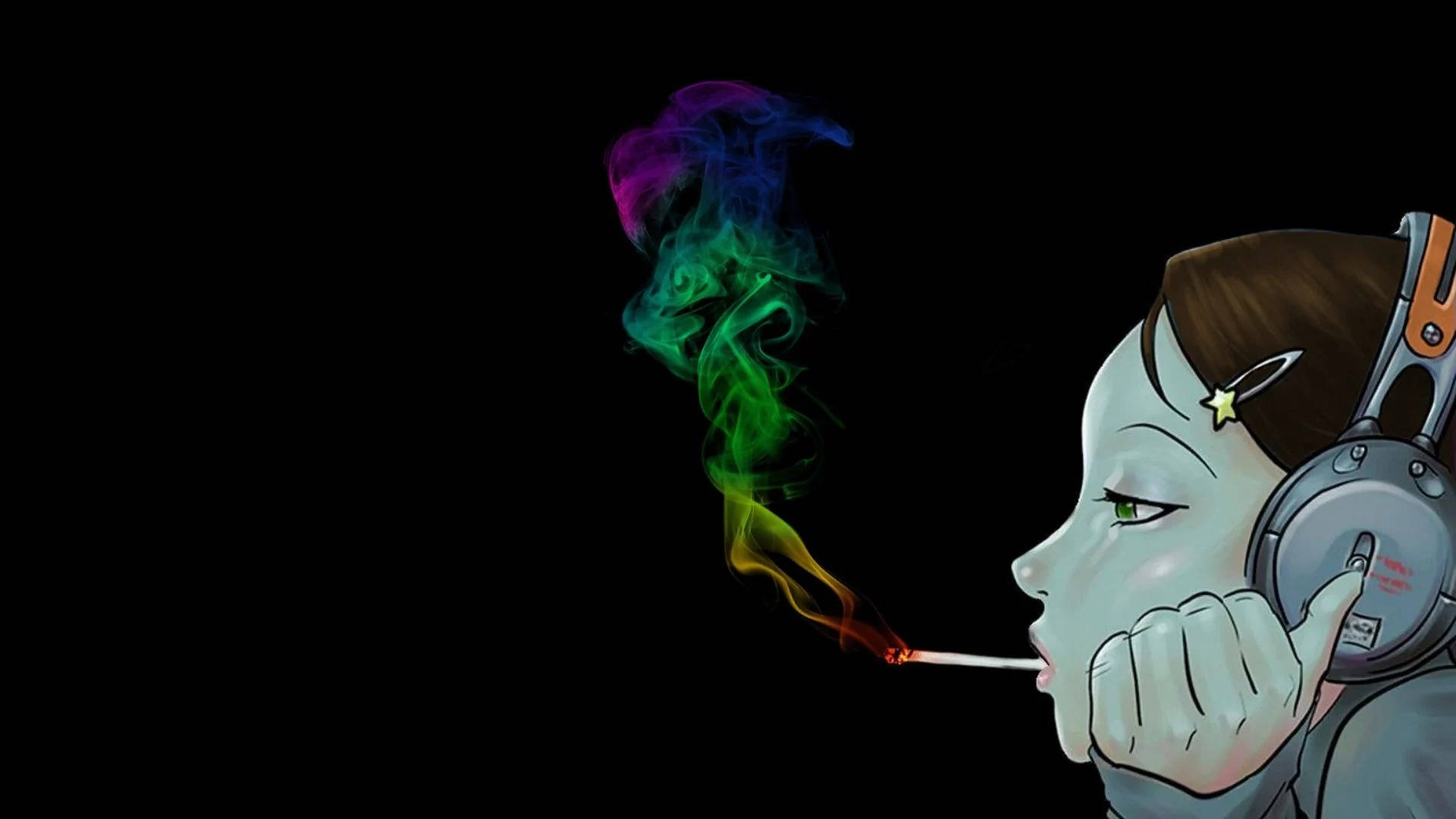 chill stoner 桌布 壁紙 — 一個風格化的動漫女孩戴著耳機，在黑色背景上呼出鮮豔的彩虹煙霧。