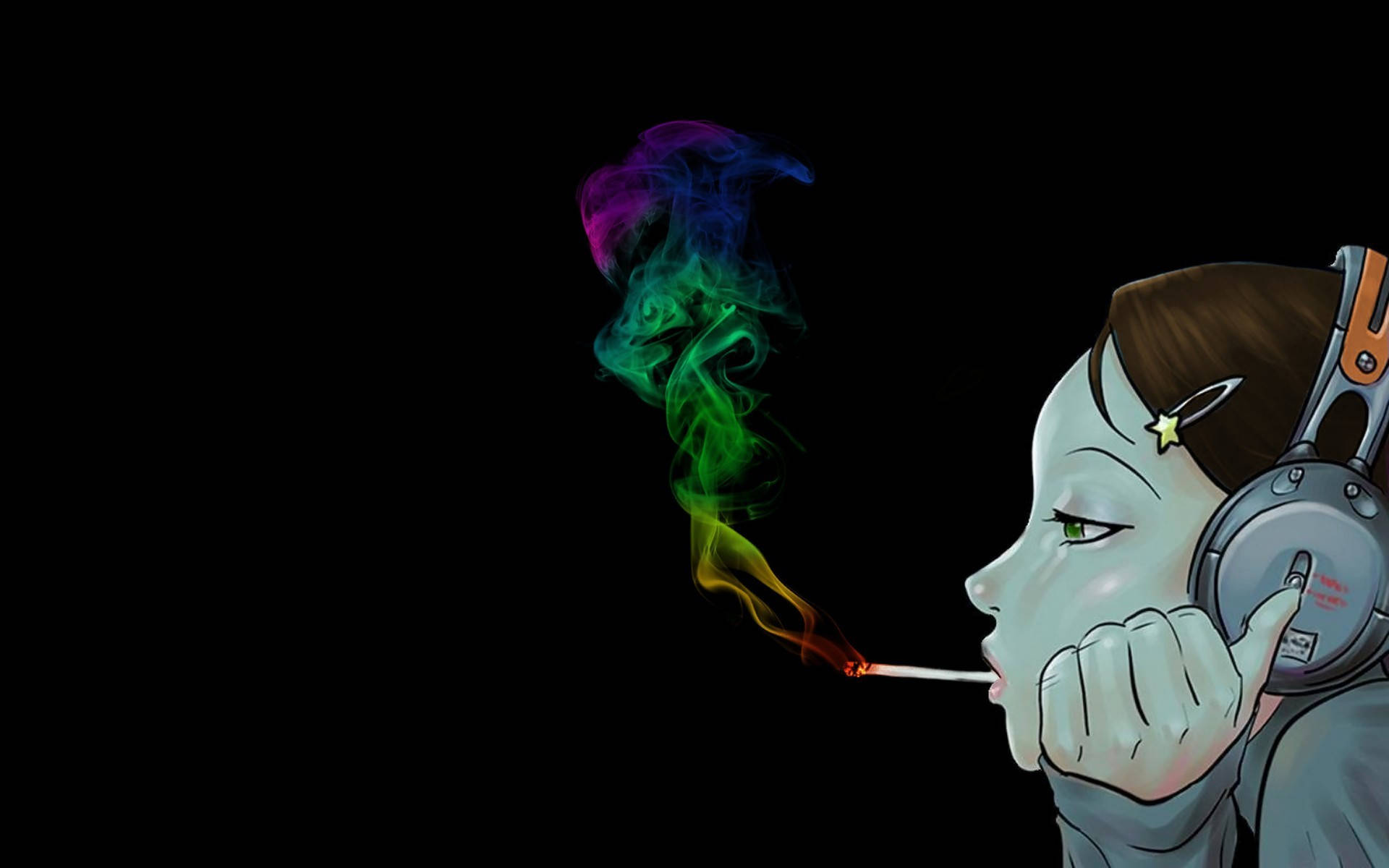 迷幻 桌布 壁紙 — 一個風格化的動漫女孩戴著耳機，在黑色背景上呼出彩虹色的煙霧。