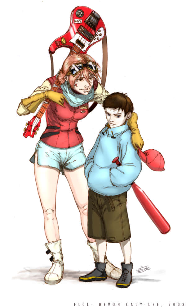 Flcl 桌布 壁紙 — 一個風格化的動漫女孩拿著紅色吉他，和一個拿著紅色球棒的男孩以動態姿勢站在一起。