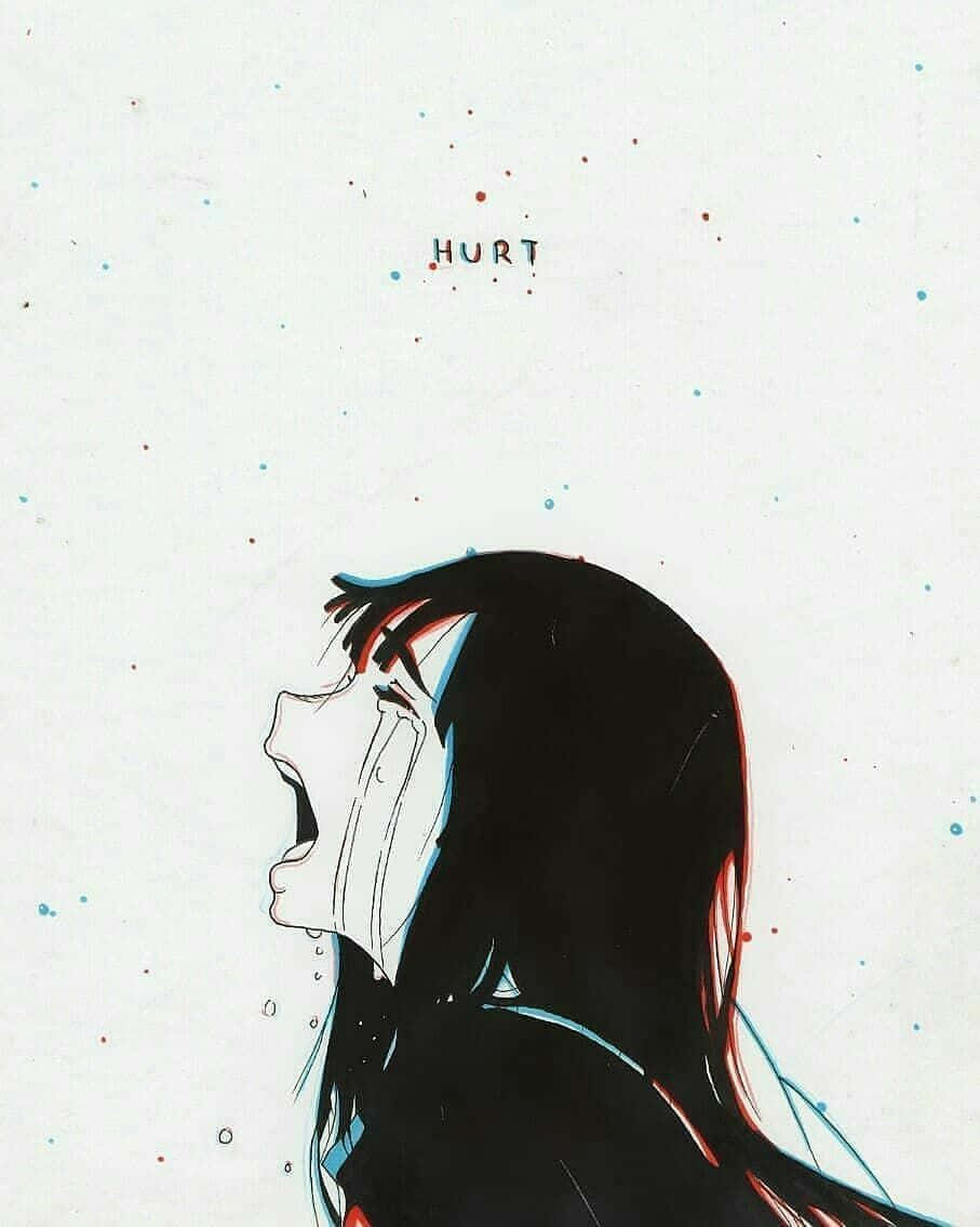 動畫 桌布 壁紙 — 一個風格化的動漫女孩痛苦地尖叫，而「HURT」這個詞漂浮在她頭頂，周圍是色彩繽紛的油漆飛濺。