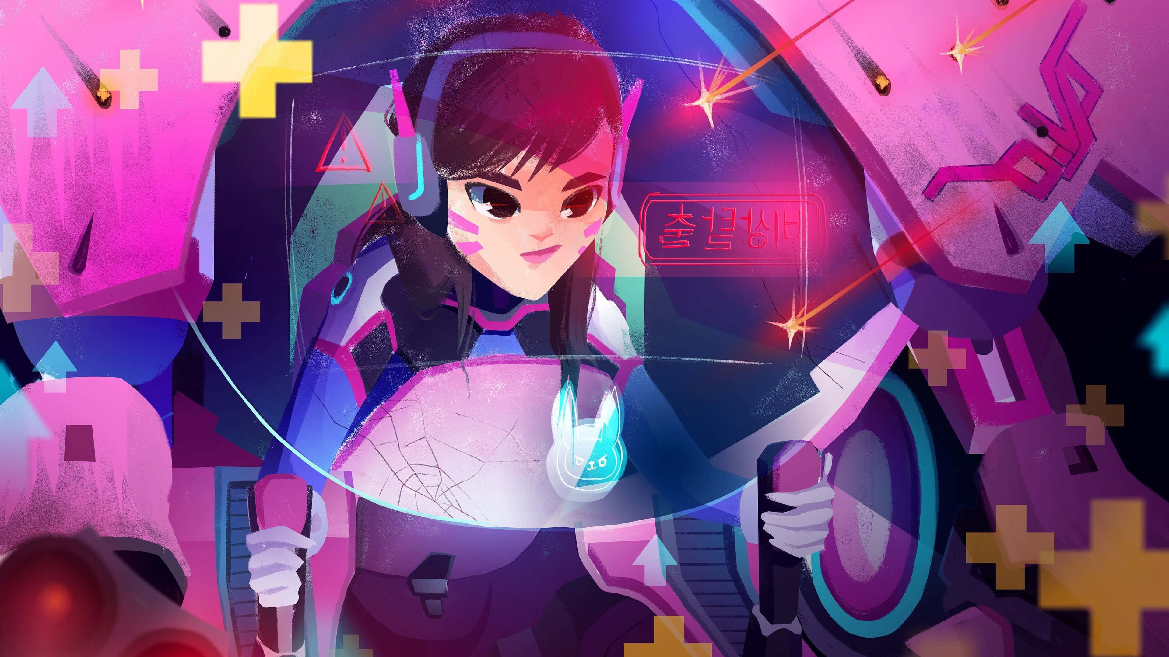 鬥陣特攻 桌布 壁紙 — 一個風格化的動漫女孩穿著未來裝備，在霓虹粉紅和紫色數位碎片中手持發光武器。