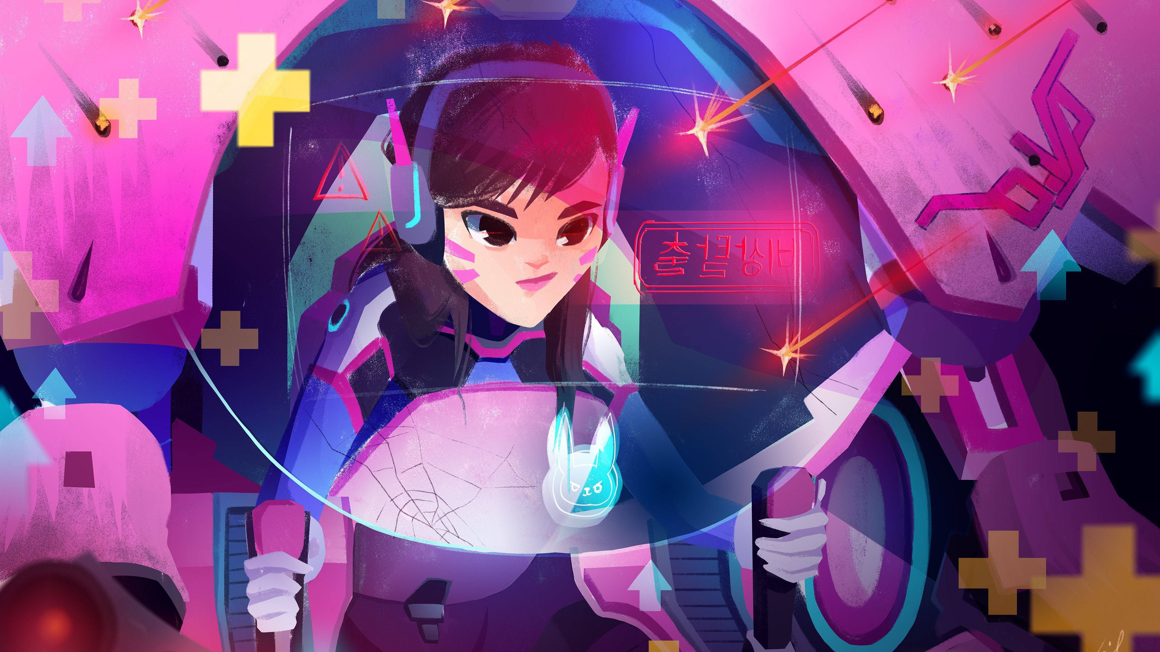 D.Va 桌布 壁紙 — 一個風格化的動漫女孩穿著未來裝備，在充滿活力的粉紅色、紫色和藍色霓虹數位效果中手持發光武器。