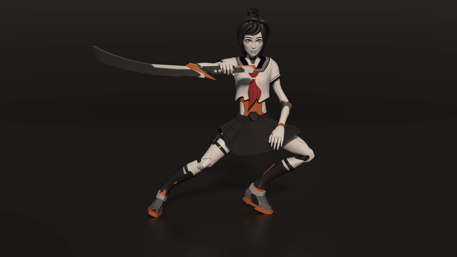 tsuki fortnite 桌布 壁紙 — 一個風格化的動漫女孩穿著校服，在黑暗背景下以動態戰鬥姿勢揮舞著武士刀。