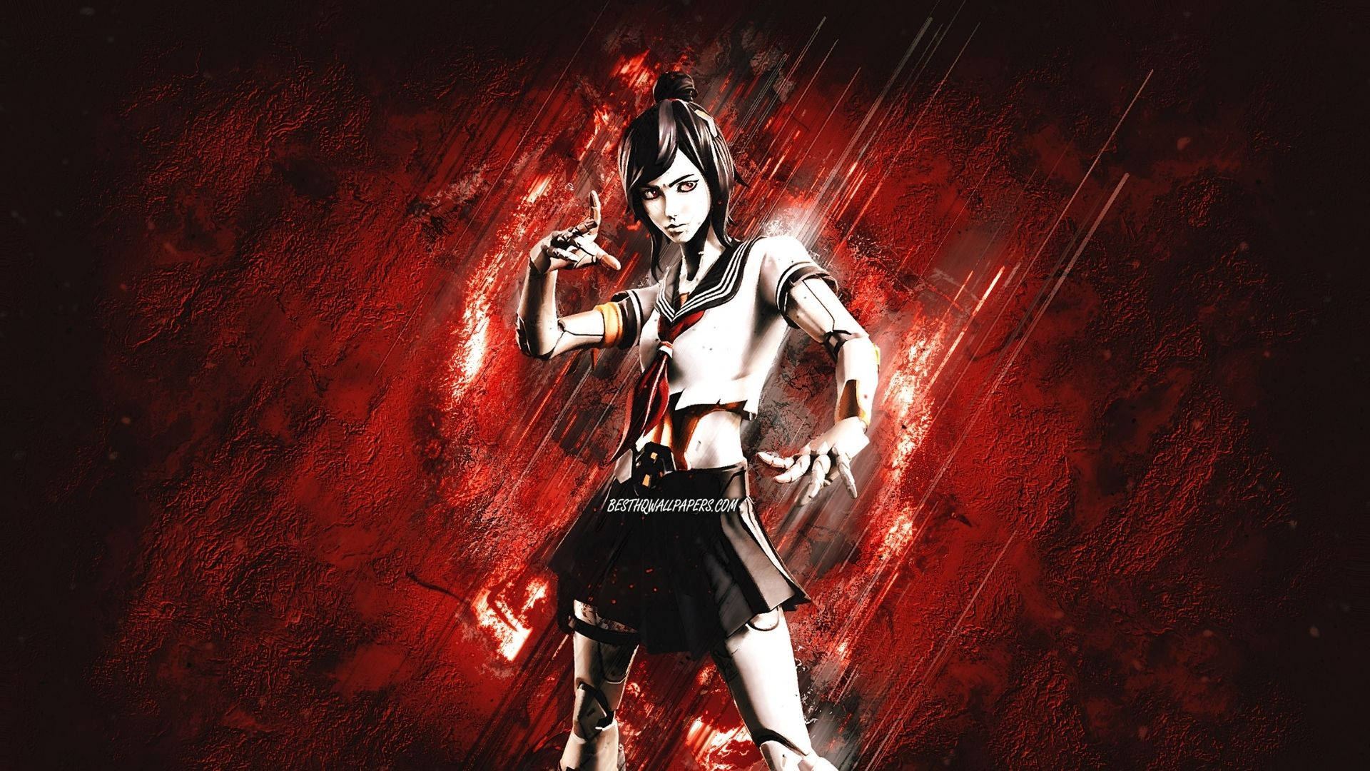 tsuki fortnite 桌布 壁紙 — 一個風格化的動漫女孩穿著校服，在帶有發光條紋的火紅抽象背景前挑釁地站立。