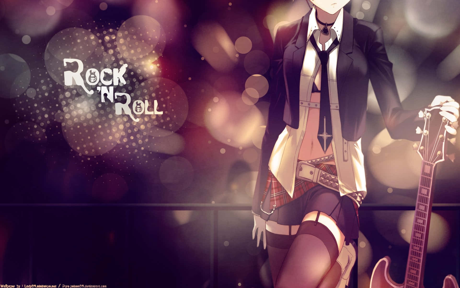 rock n roll 桌布 壁紙 — 一個風格化的動漫女孩穿著校服，在發光的散景背景前拿著吉他，帶有 'Rock 'n' Roll' 文字。
