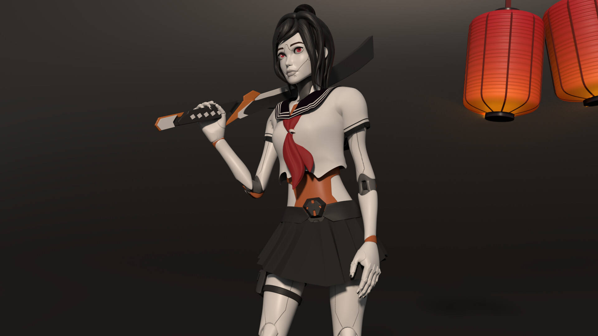 tsuki fortnite 桌布 壁紙 — 一個風格化的動漫女孩穿著校服，在黑暗背景下手持武士刀，背景有發光的紅色燈籠。