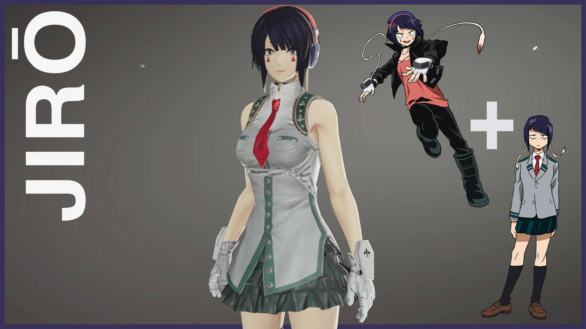 高清 桌布 壁紙 — 一個風格化的動漫女孩穿著校服，戴著耳機和紅色領帶，站在中央，兩側有另外兩個動漫角色，背景是純灰色。