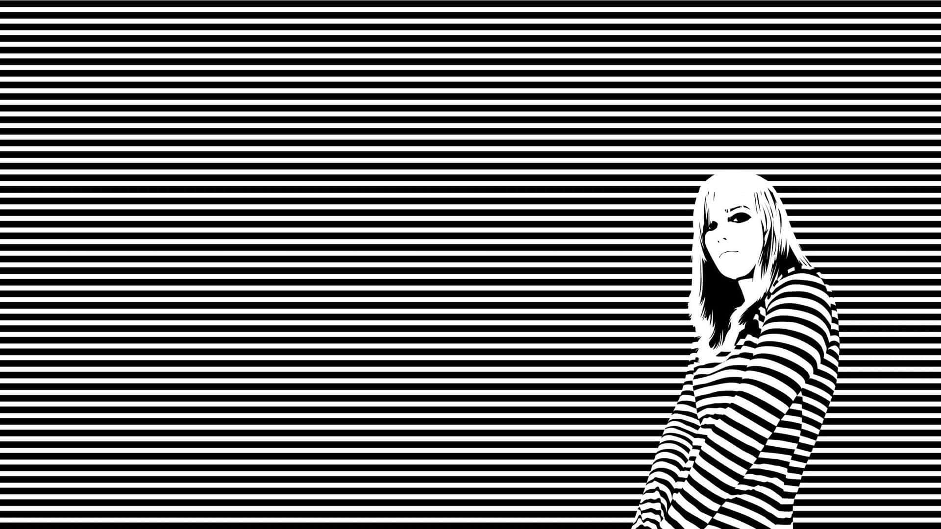 Woman 桌布 壁紙 — 一個風格化的動漫女孩穿著條紋襯衫，站在大膽的黑白水平條紋背景前。