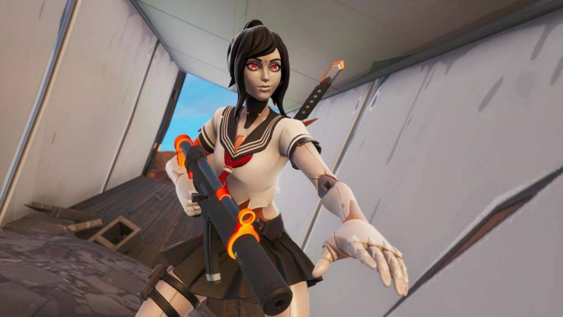 tsuki fortnite 桌布 壁紙 — 一個風格化的動漫女孩穿著水手服，在未來金屬走廊中揮舞著發光的橙色武器。