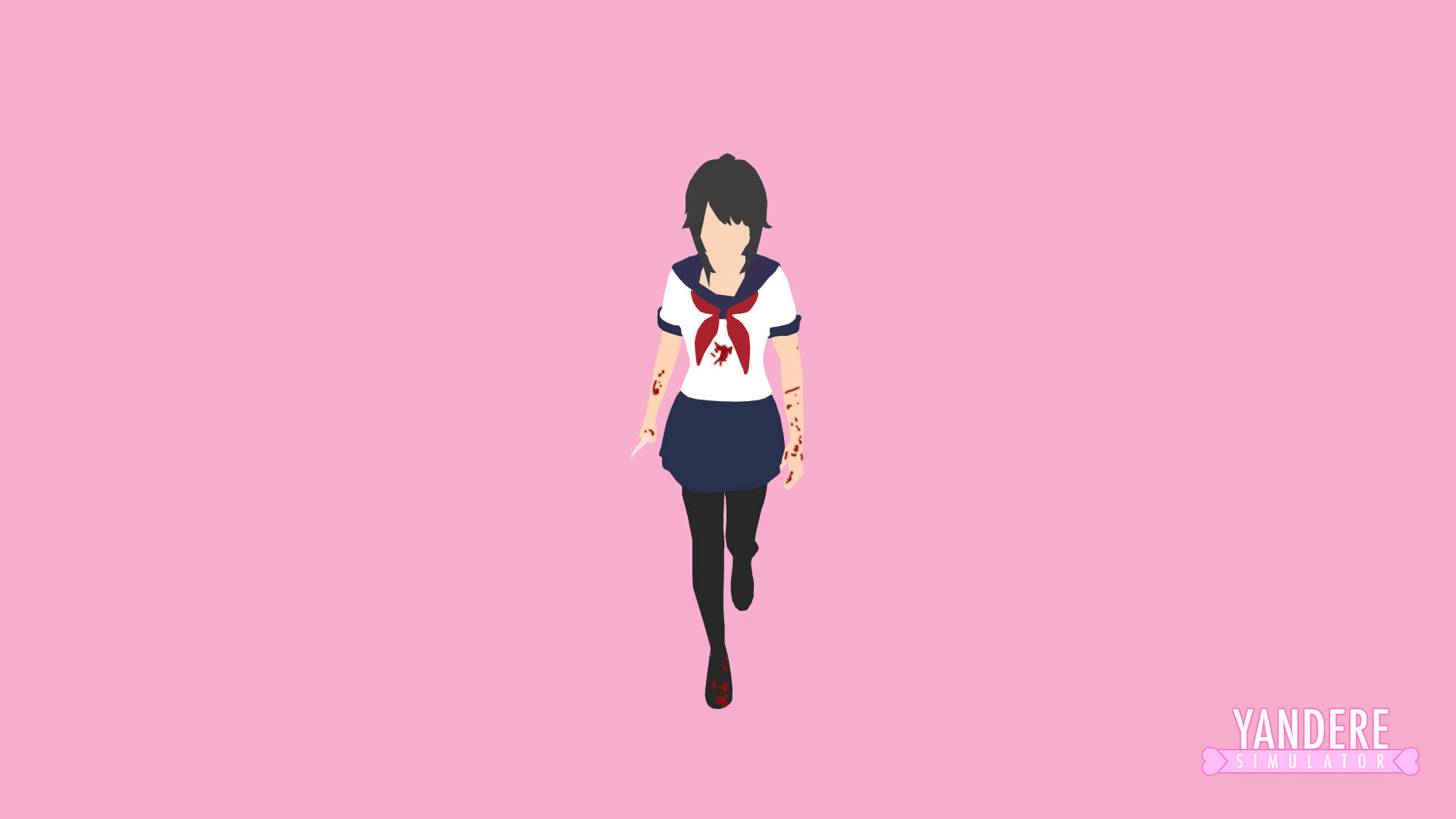 Yandere 桌布 壁紙 — 一個風格化的動漫女孩穿著沾血的水手服在純粉紅色背景上奔跑。