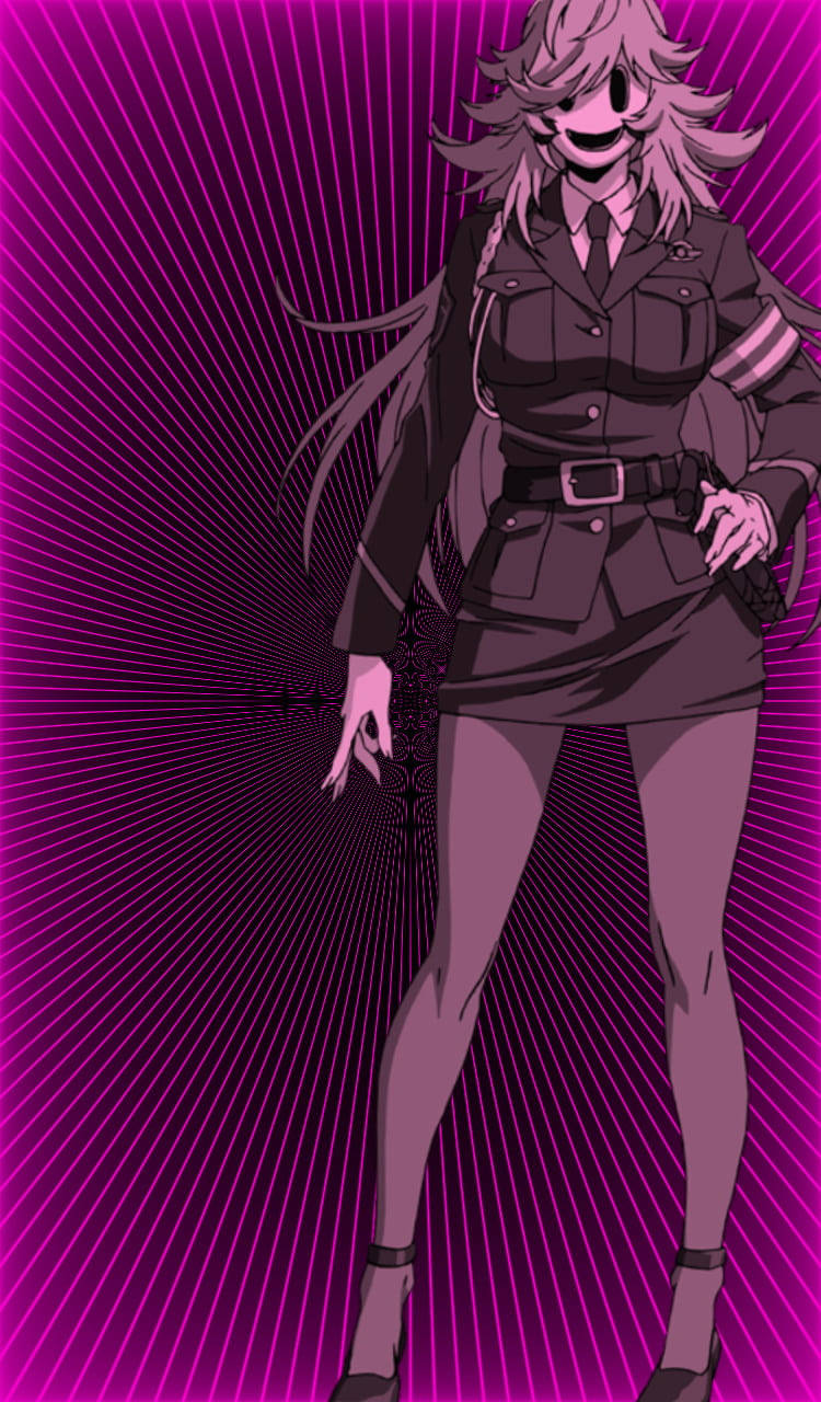 high 桌布 壁紙 — 一個風格化的動漫女孩穿著深色制服，自信地站在充滿活力的紫色放射狀背景前。