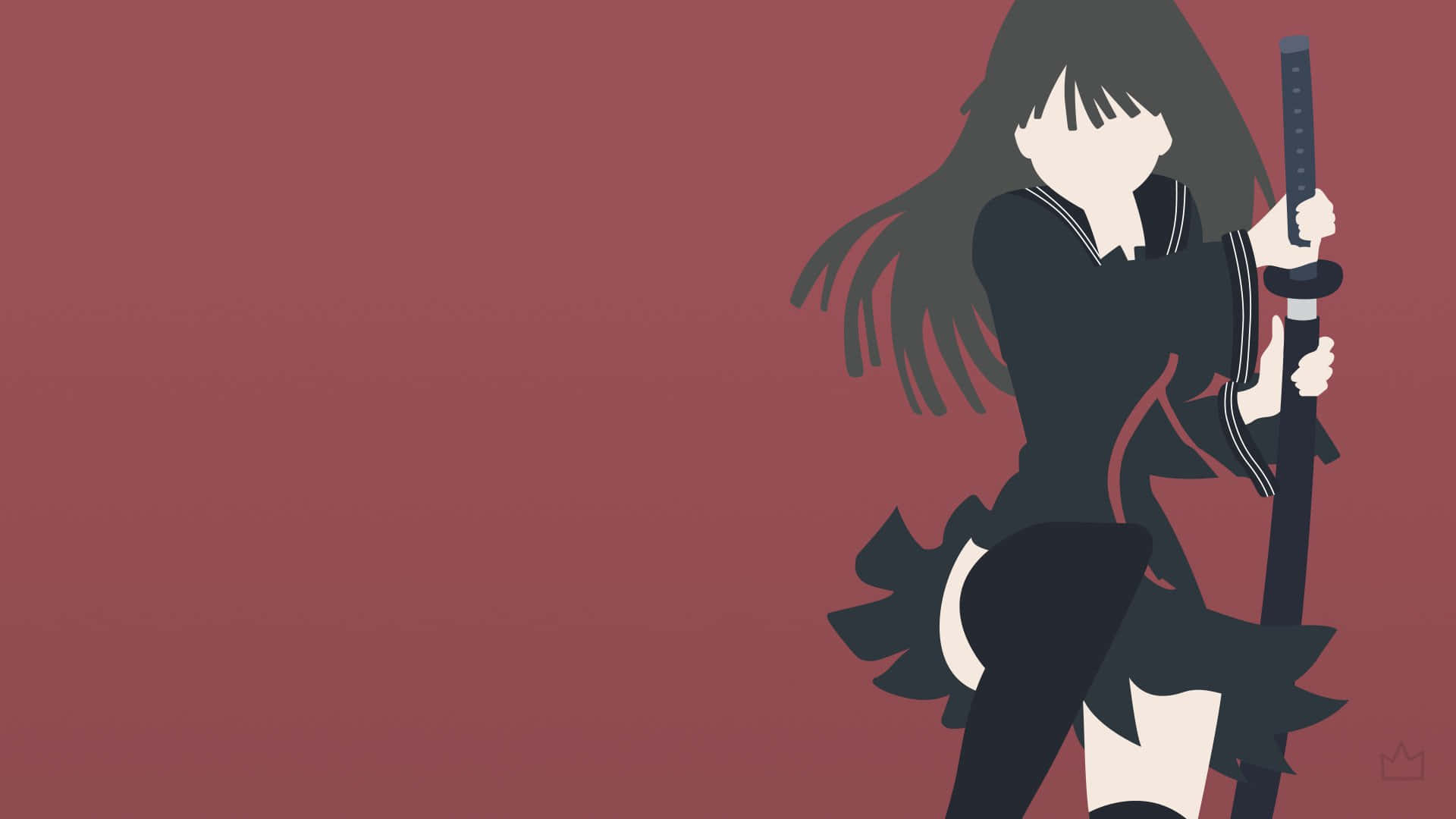 Red And Black Anime 桌布 壁紙 — 一個風格化的動漫女孩穿著深色水手服，在純栗色背景前握著一把武士刀。