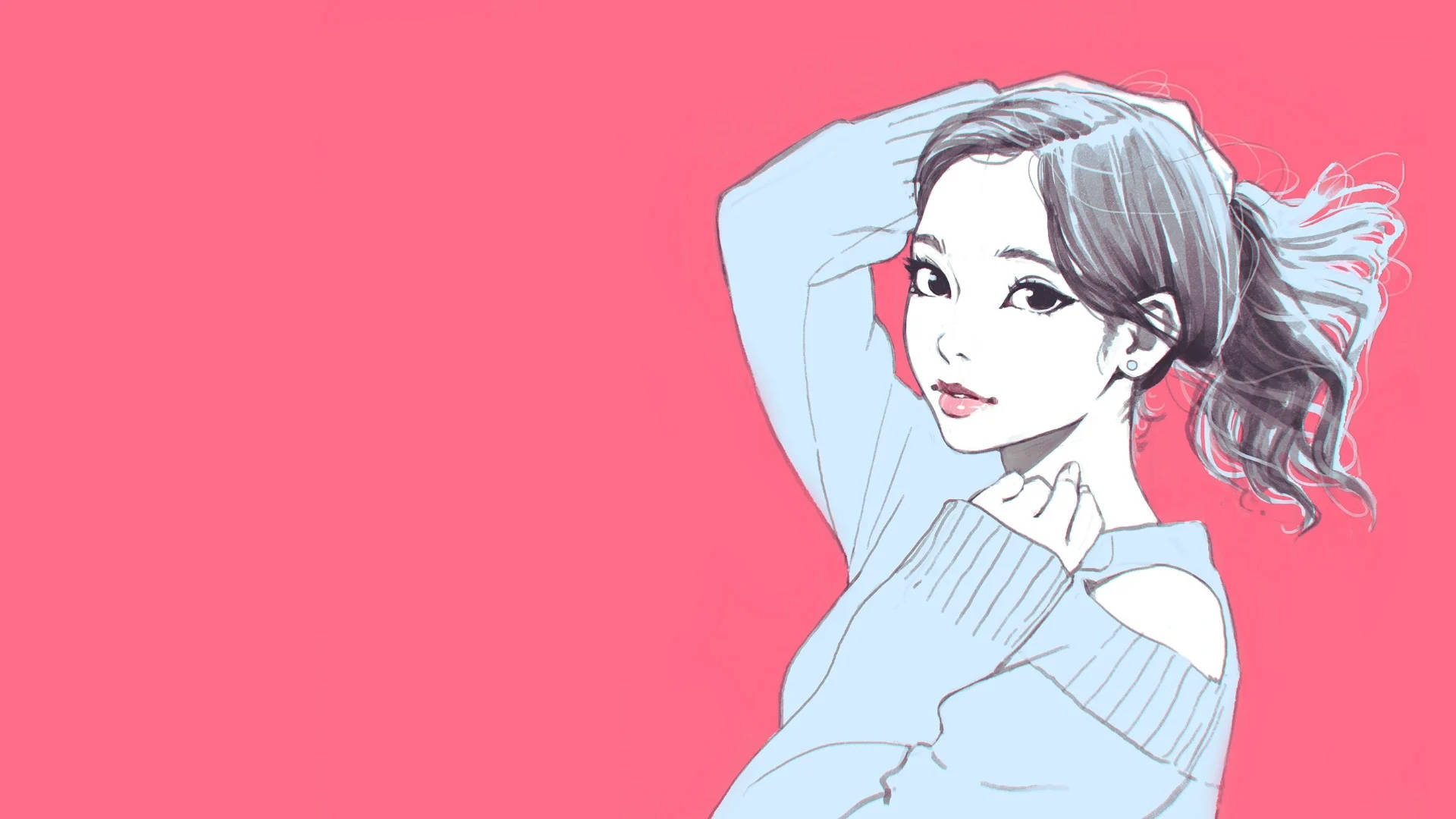 girly pink aesthetic 桌布 壁紙 — 一個風格化的動漫女孩穿著淺藍色毛衣，在充滿活力的粉紅色背景前擺姿勢，頭髮飄逸。